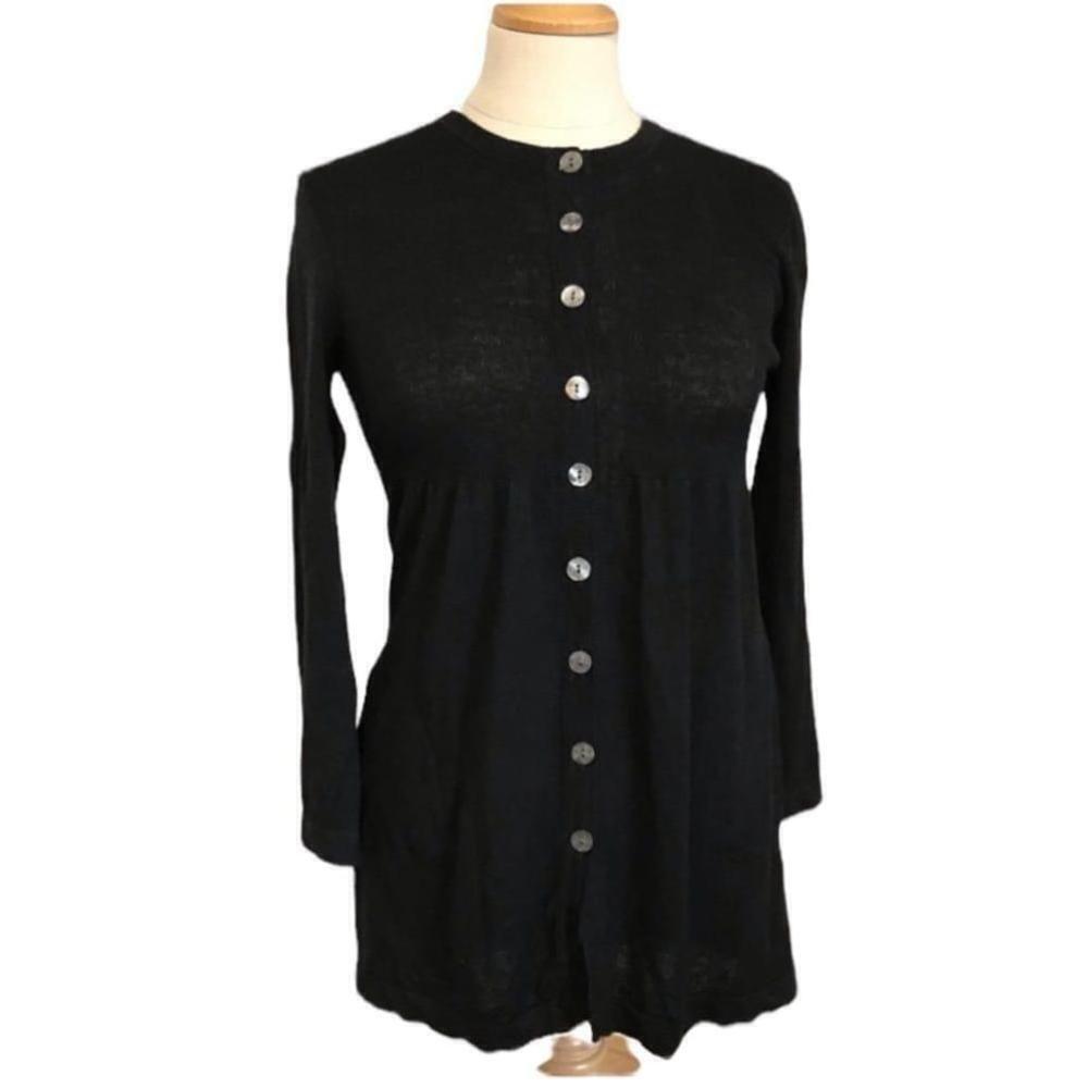 Trina Turk linen blend long sleeve button front black fitted cardigan top - Picture 2 of 11